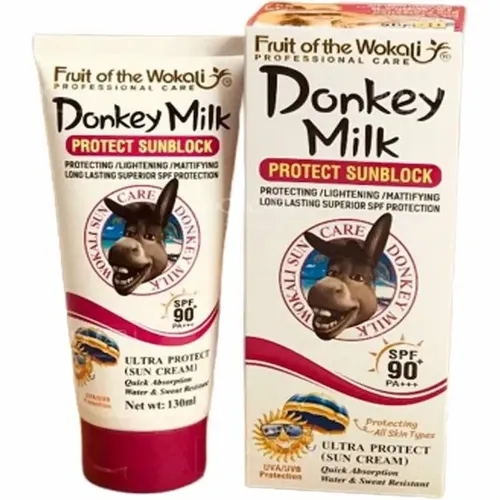 کرم ضد آفتاب بی رنگ شیر الاغ 130 میل SPF 90 (خر) وکالی Donkey Milk Wokali